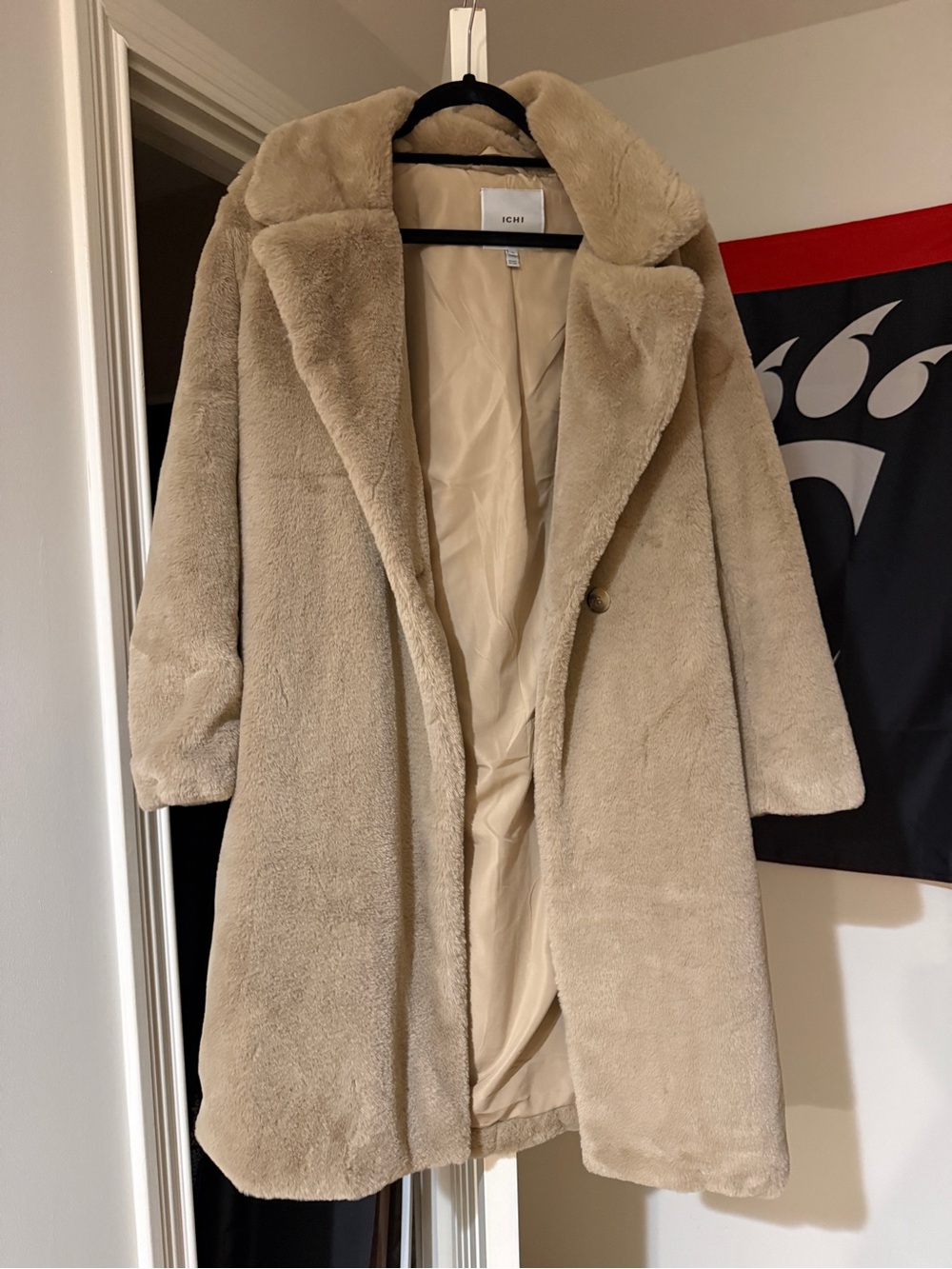 ICHI Faux Shearling Long Pea Coat in Beige